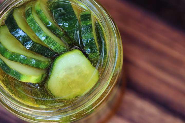 Close up top view of jar of Refrigerator Bread and Butter Pickles