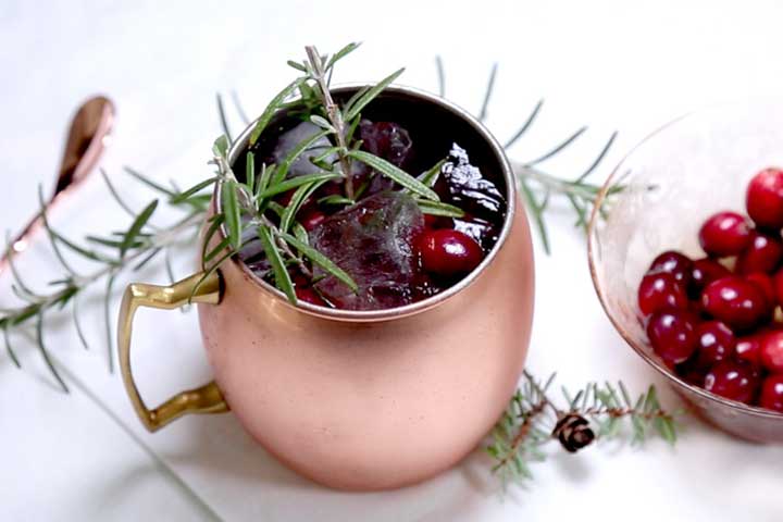 Holiday Mule closeup with rosemary and fresh cranberry garnish 