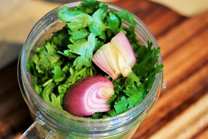 cilantro and shallot in processor bowl