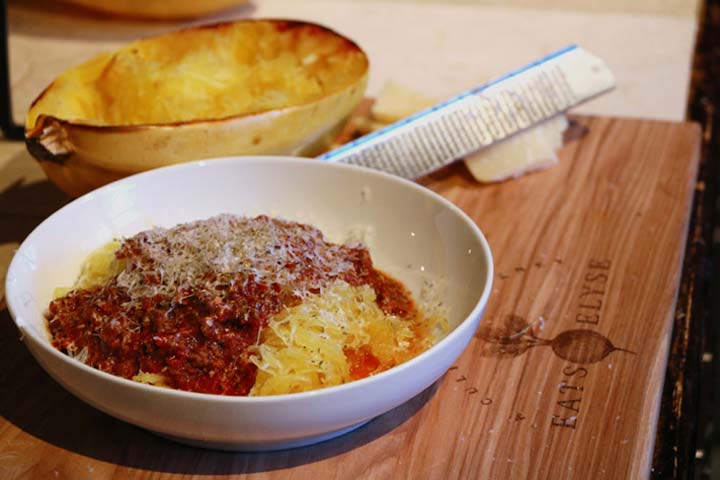 elk chili over spaghetti squash with parmesan cheese