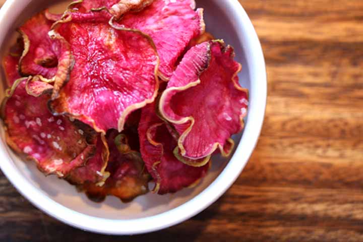 Watermelon Radish Root Chips in bowl