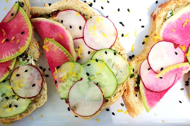 watermelon radish and cucumber toast sliced