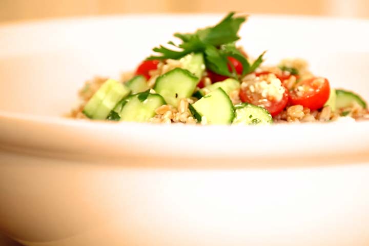 Mediterranean Farro Salad in big bowl 